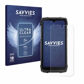 Front side of a product packaging with the brand logo Savvies. Next to it is the device Blackview BV6900 shown with the corres
