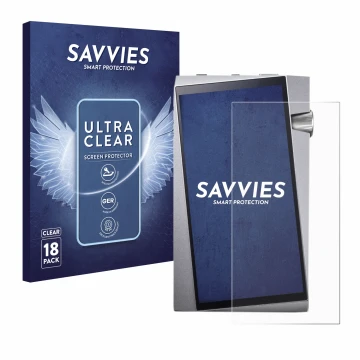 Front side of a product packaging with the brand logo Savvies. Next to it is the device Astell&Kern A&norma SR25 shown with th