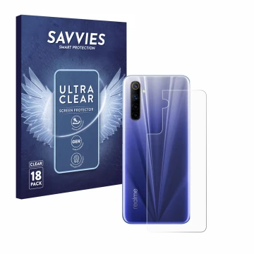 Front side of a product packaging with the brand logo Savvies. Next to it is the device realme 6 (Back) shown with the corresp