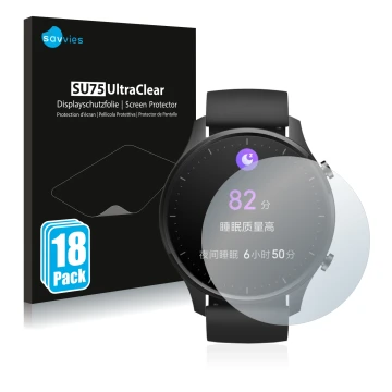 Front side of a product packaging with the brand logo Savvies. Next to it is the device Xiaomi Mi Watch Revolve shown with the