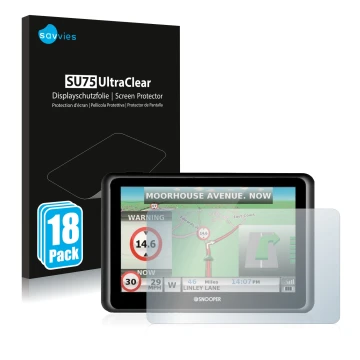 Front side of a product packaging with the brand logo Savvies. Next to it is the device Snooper Truckmate S6900 shown with the