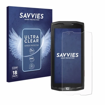 Front side of a product packaging with the brand logo Savvies. Next to it is the device Crosscall Core X4 shown with the corre