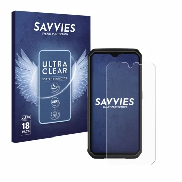Front side of a product packaging with the brand logo Savvies. Next to it is the device Ulefone Armor 9 shown with the corresp