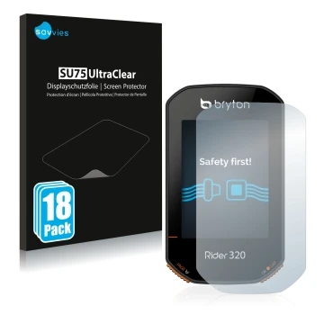 Front side of a product packaging with the brand logo Savvies. Next to it is the device Bryton Rider 320 shown with the corres