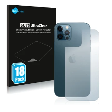 Front side of a product packaging with the brand logo Savvies. Next to it is the device Apple iPhone 12 Pro (Back) shown with 