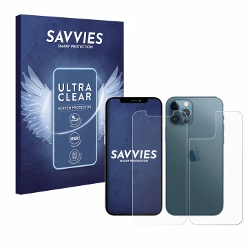 Front side of a product packaging with the brand logo Savvies. Next to it is the device Apple iPhone 12 Pro (Front+Back) shown