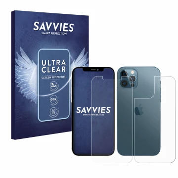 Front side of a product packaging with the brand logo Savvies. Next to it is the device Apple iPhone 12 Pro Max (Front+Back) s