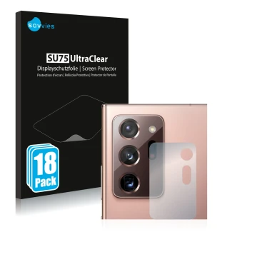 Front side of a product packaging with the brand logo Savvies. Next to it is the device Samsung Galaxy Note 20 Ultra (ONLY Cam