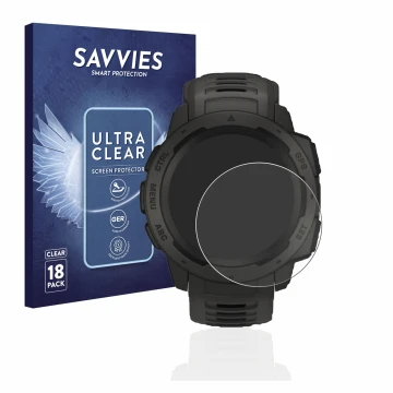 Front side of a product packaging with the brand logo Savvies. Next to it is the device Garmin Instinct Solar shown with the c