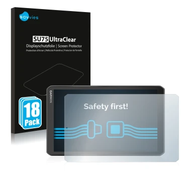 Front side of a product packaging with the brand logo Savvies. Next to it is the device Garmin Camper 890 shown with the corre