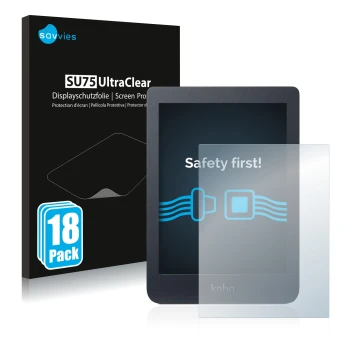 Front side of a product packaging with the brand logo Savvies. Next to it is the device Kobo Nia shown with the corresponding 