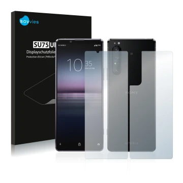 Front side of a product packaging with the brand logo Savvies. Next to it is the device Sony Xperia 1 II (Front+Back) shown wi