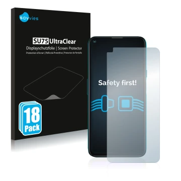 Front side of a product packaging with the brand logo Savvies. Next to it is the device Cubot X30 shown with the corresponding