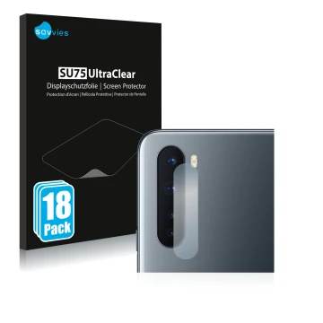 Front side of a product packaging with the brand logo Savvies. Next to it is the device OnePlus Nord (ONLY Camera Lens) shown 