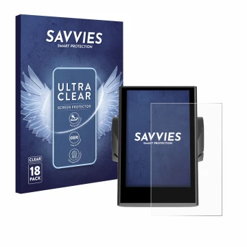Front side of a product packaging with the brand logo Savvies. Next to it is the device Bafang DP C18 shown with the correspon