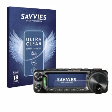 Front side of a product packaging with the brand logo Savvies. Next to it is the device Yaesu FT-891 shown with the correspond