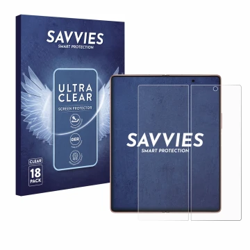 Front side of a product packaging with the brand logo Savvies. Next to it is the device Samsung Galaxy Z Fold 2 5G (Inner disp