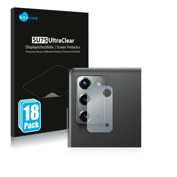 Front side of a product packaging with the brand logo Savvies. Next to it is the device Samsung Galaxy Note 20 5G (ONLY Camera