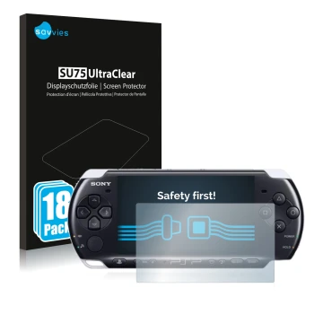 Front side of a product packaging with the brand logo Savvies. Next to it is the device Sony PSP 3003 shown with the correspon
