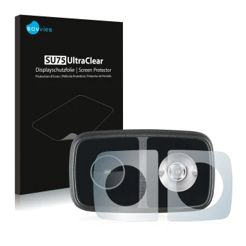 Front side of a product packaging with the brand logo Savvies. Next to it is the device Cycliq Fly12 CE shown with the corresp