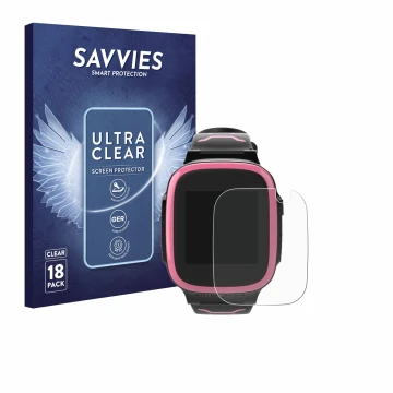 Front side of a product packaging with the brand logo Savvies. Next to it is the device Xplora X5 Play shown with the correspo