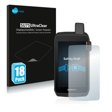 Front side of a product packaging with the brand logo Savvies. Next to it is the device Garmin Montana 750i shown with the cor