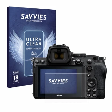 Front side of a product packaging with the brand logo Savvies. Next to it is the device Nikon Z 5 shown with the corresponding