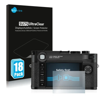 Front side of a product packaging with the brand logo Savvies. Next to it is the device Leica M10-R shown with the correspondi