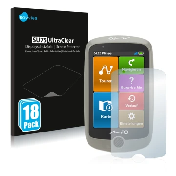 Front side of a product packaging with the brand logo Savvies. Next to it is the device Mitac Mio Cyclo Discover shown with th