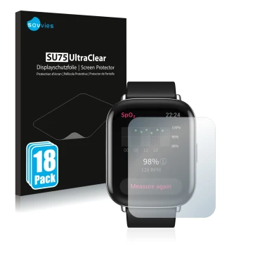 Front side of a product packaging with the brand logo Savvies. Next to it is the device Zepp E Square shown with the correspon