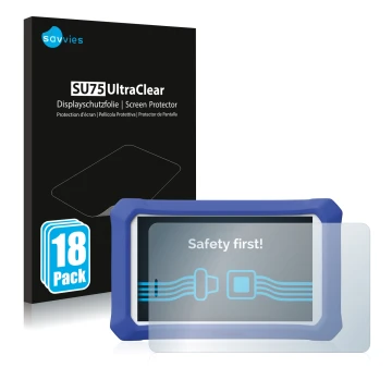 Front side of a product packaging with the brand logo Savvies. Next to it is the device Clementoni Clempad 9 Plus shown with t