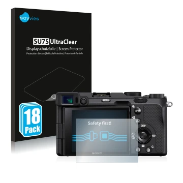 Front side of a product packaging with the brand logo Savvies. Next to it is the device Sony A7C shown with the corresponding 