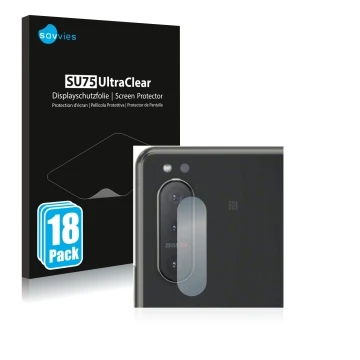 Front side of a product packaging with the brand logo Savvies. Next to it is the device Sony Xperia 5 II (ONLY Camera Lens) sh