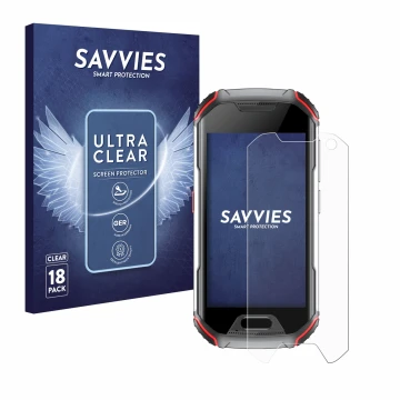Front side of a product packaging with the brand logo Savvies. Next to it is the device Unihertz Atom L shown with the corresp
