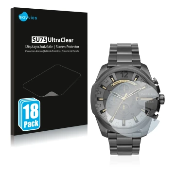 Front side of a product packaging with the brand logo Savvies. Next to it is the device Diesel Chronograph DZ4466 shown with t