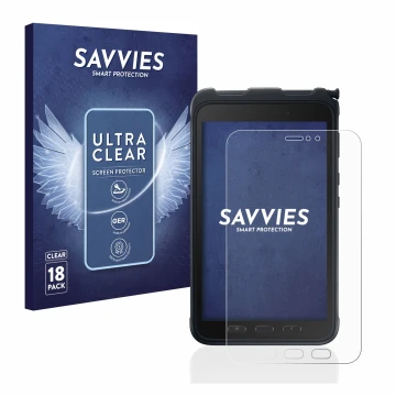 Front side of a product packaging with the brand logo Savvies. Next to it is the device Samsung Galaxy Tab Active 3 shown with
