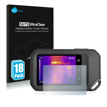 Front side of a product packaging with the brand logo Savvies. Next to it is the device Flir C5 shown with the corresponding s