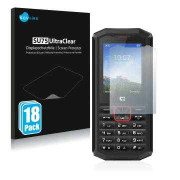 Front side of a product packaging with the brand logo Savvies. Next to it is the device Crosscall Spider X5 shown with the cor