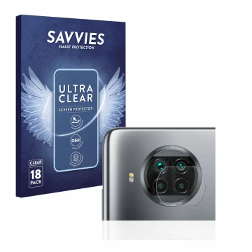 Front side of a product packaging with the brand logo Savvies. Next to it is the device Xiaomi Mi 10T Lite (ONLY Camera Lens) 