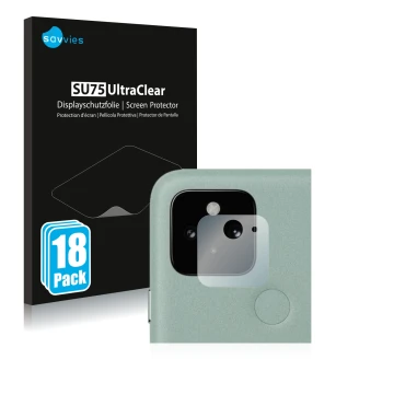 Front side of a product packaging with the brand logo Savvies. Next to it is the device Google Pixel 5 (ONLY Camera Lens) show