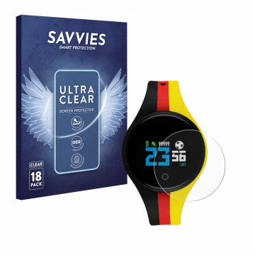 Front side of a product packaging with the brand logo Savvies. Next to it is the device Xlyne X-Watch EuroChamp shown with the