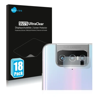 Front side of a product packaging with the brand logo Savvies. Next to it is the device ASUS Zenfone 7 Pro ZS671KS (ONLY Camer