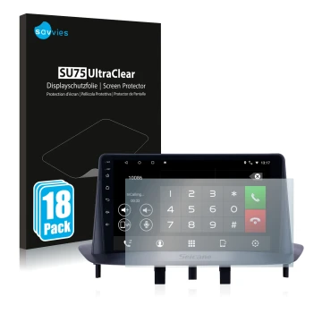 Front side of a product packaging with the brand logo Savvies. Next to it is the device Pioneer AVH-Z5200DAB shown with the co