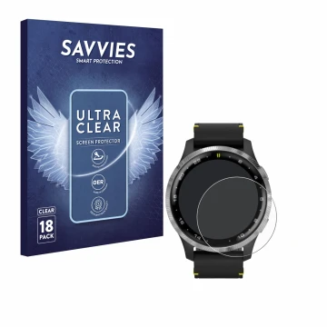 Front side of a product packaging with the brand logo Savvies. Next to it is the device Garmin D2 Air shown with the correspon