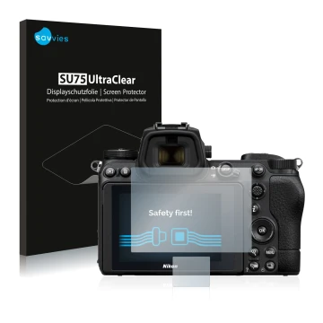 Front side of a product packaging with the brand logo Savvies. Next to it is the device Nikon Z 7 II shown with the correspond