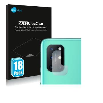 Front side of a product packaging with the brand logo Savvies. Next to it is the device OnePlus 8T (ONLY Camera Lens) shown wi