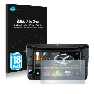 Front side of a product packaging with the brand logo Savvies. Next to it is the device Kenwood DNX518VDABS shown with the cor