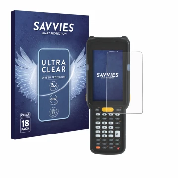 Front side of a product packaging with the brand logo Savvies. Next to it is the device Zebra MC330L shown with the correspond