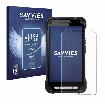 Front side of a product packaging with the brand logo Savvies. Next to it is the device Point Mobile PM90 shown with the corre