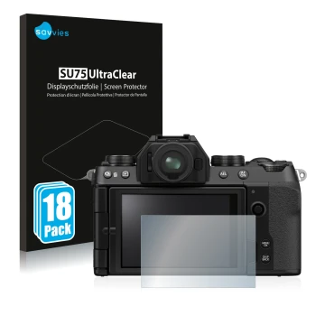 Front side of a product packaging with the brand logo Savvies. Next to it is the device Fujifilm X-S10 shown with the correspo